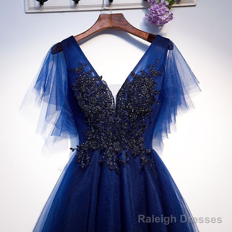 Blue Tulle Short Party Dress With Lace Applique, Blue Formal Dress Prom Dresses
