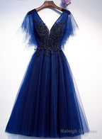 Blue Tulle Short Party Dress With Lace Applique, Blue Formal Dress Prom Dresses
