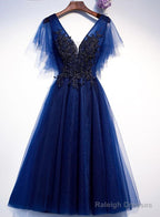 Blue Tulle Short Prom Dresses With Lace Applique Blue Prom Dresses