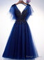 Blue Tulle Short Prom Dresses With Lace Applique Blue Prom Dresses