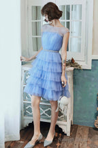 Blue Tulle Short Prom Dress, Cute Round Neck Layered Blue Party Dress