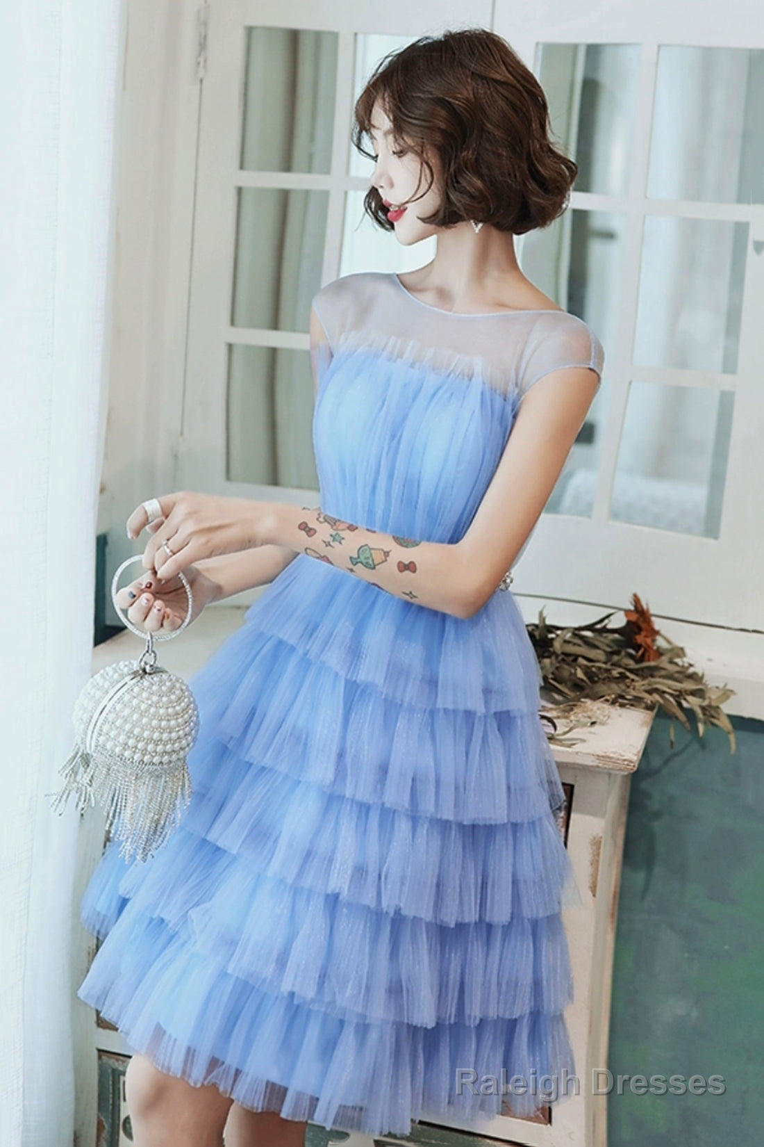 Blue Tulle Short Prom Dress, Cute Round Neck Layered Blue Party Dress Main image