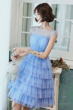 Blue Tulle Short Prom Dress, Cute Round Neck Layered Blue Party Dress