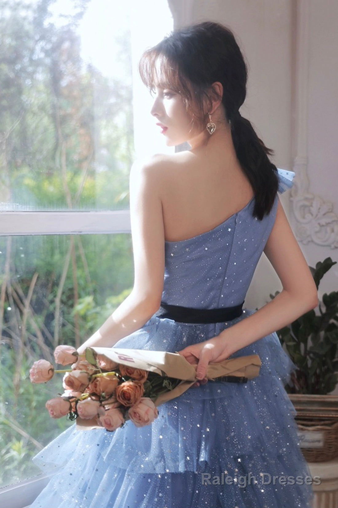 Blue Tulle Short Prom Dress, One Shoulder Multi-Layers Blue Party Dress
