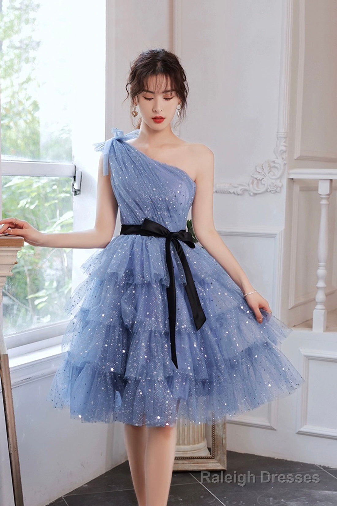 Blue Tulle Short Prom Dress, One Shoulder Multi-Layers Blue Party Dress Main image