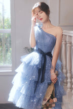 Blue Tulle Short Prom Dresses, One Shoulder Evening Dresses