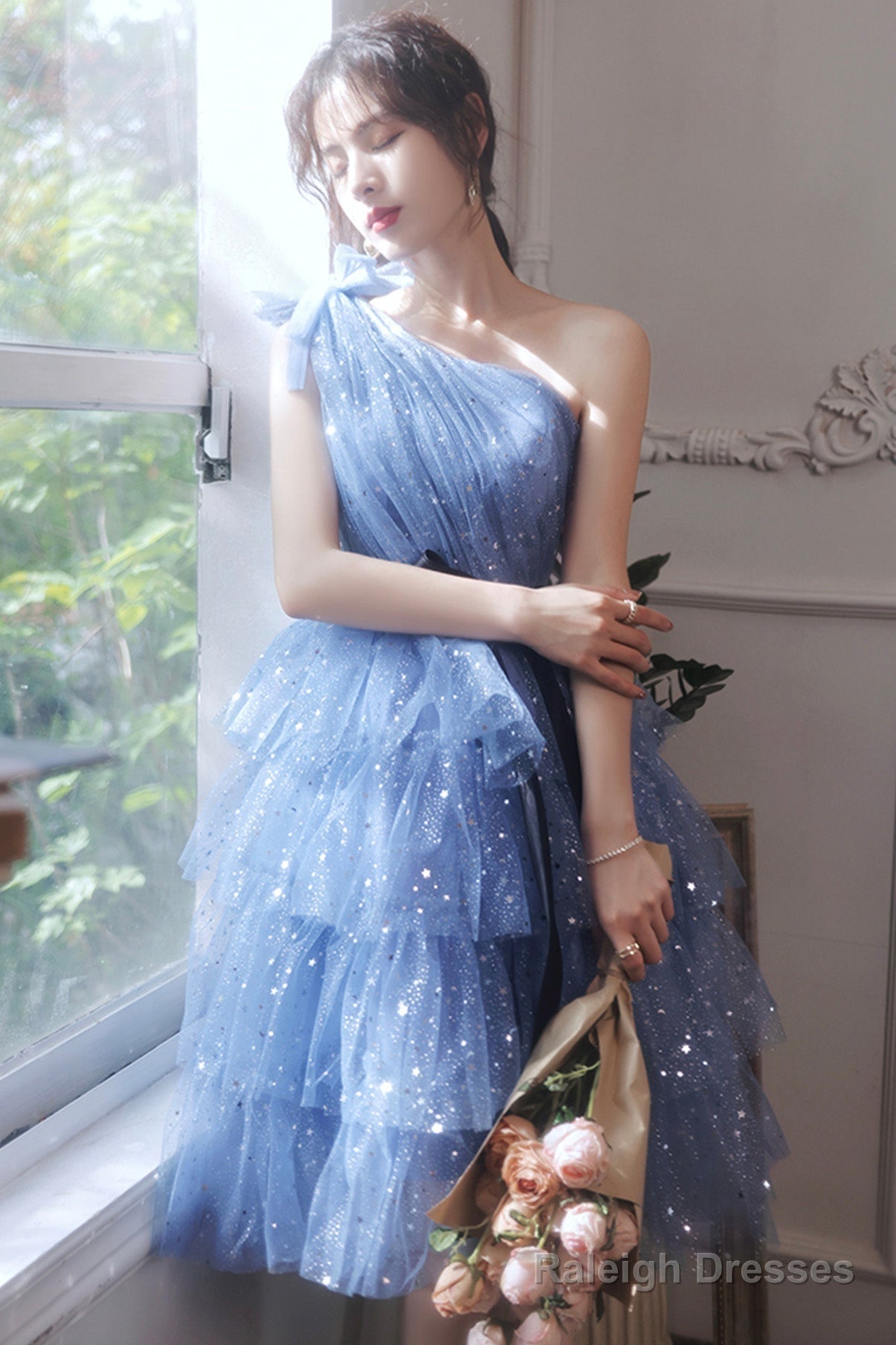 Blue Tulle Short Prom Dresses, One Shoulder Evening Dresses