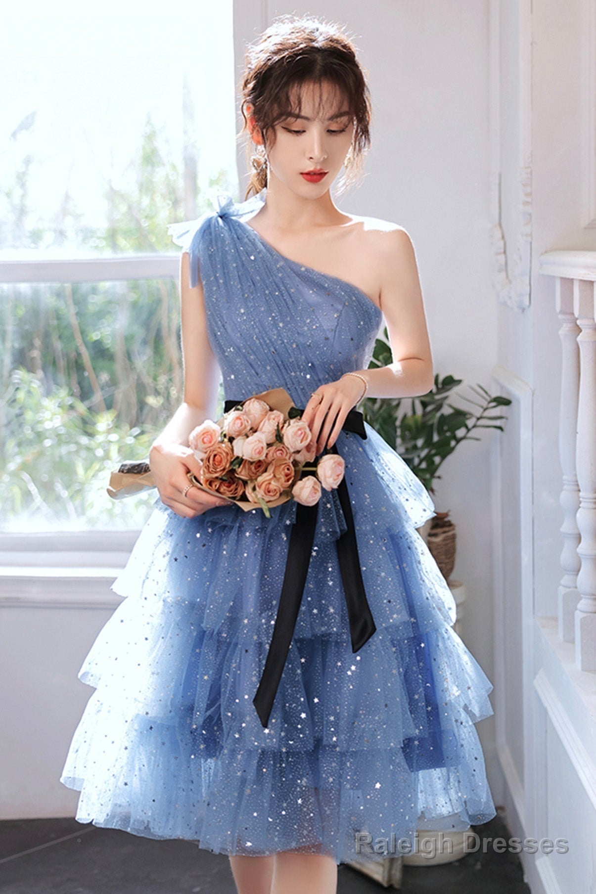 Blue Tulle Short Prom Dresses, One Shoulder Evening Dresses