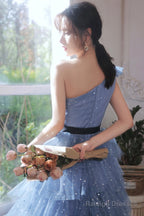Blue Tulle Short Prom Dresses, One Shoulder Evening Dresses