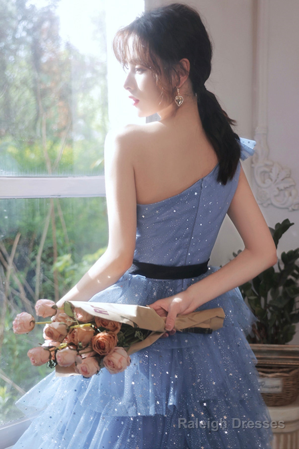 Blue Tulle Short Prom Dresses, One Shoulder Evening Dresses