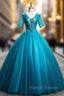 Blue Tulle Short Sleeve Appliques Quinceanera Dresses
