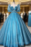 Blue Tulle Short Sleeve Backless Quinceanera Dress