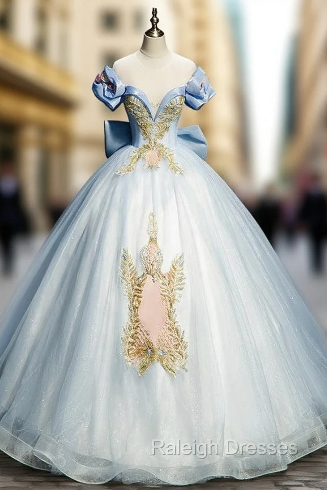 Blue Tulle Short Sleeve Beading Sequins Quinceanera Dress