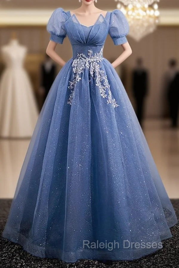 Blue Tulle Short Sleeve Sequins prom Dress Main image