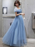 Blue Tulle Short Sleeves Long Party Dress, A-Line Blue Prom Formal Dress