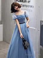 Blue Tulle Short Sleeves Long Party Dress, A-Line Blue Prom Formal Dress