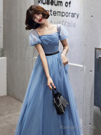 Blue Tulle Short Sleeves Long Prom Dresses A-Line Blue Prom Dresses