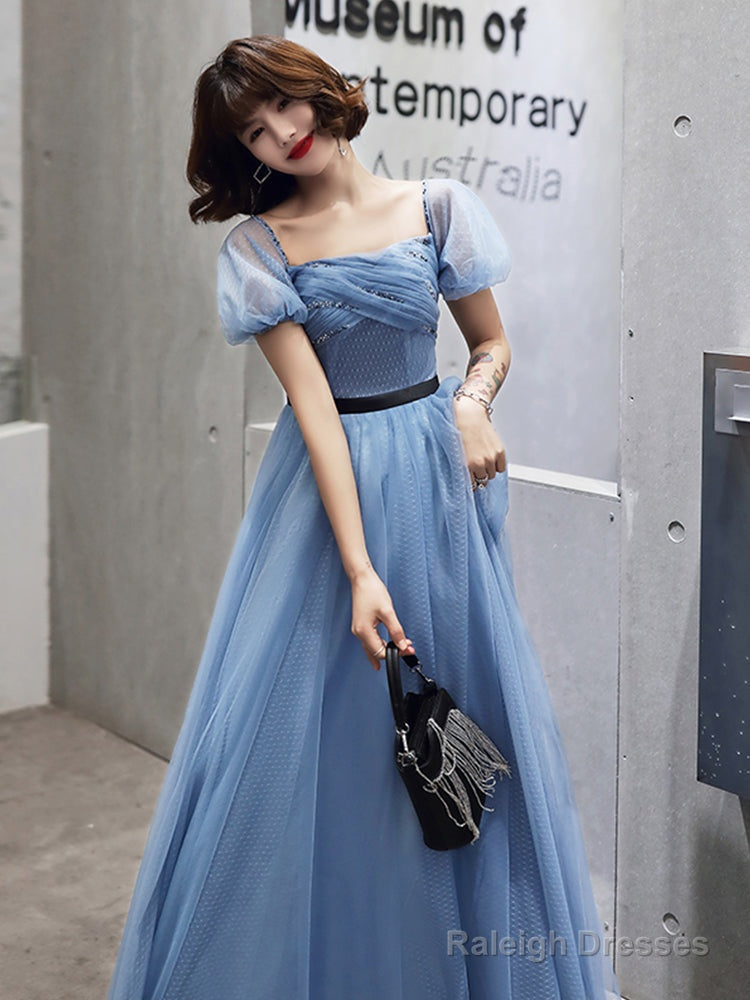 Blue Tulle Short Sleeves Long Prom Dresses A-Line Blue Prom Dresses