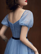 Blue Tulle Short Sleeves Long Party Dress, A-Line Blue Prom Formal Dress