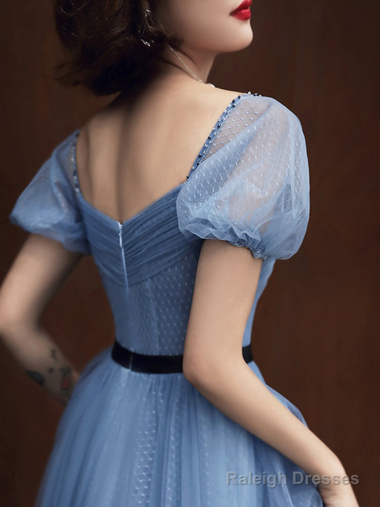 Blue Tulle Short Sleeves Long Prom Dresses A-Line Blue Prom Dresses