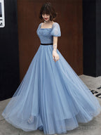 Blue Tulle Short Sleeves Long Party Dress, A-Line Blue Prom Formal Dress