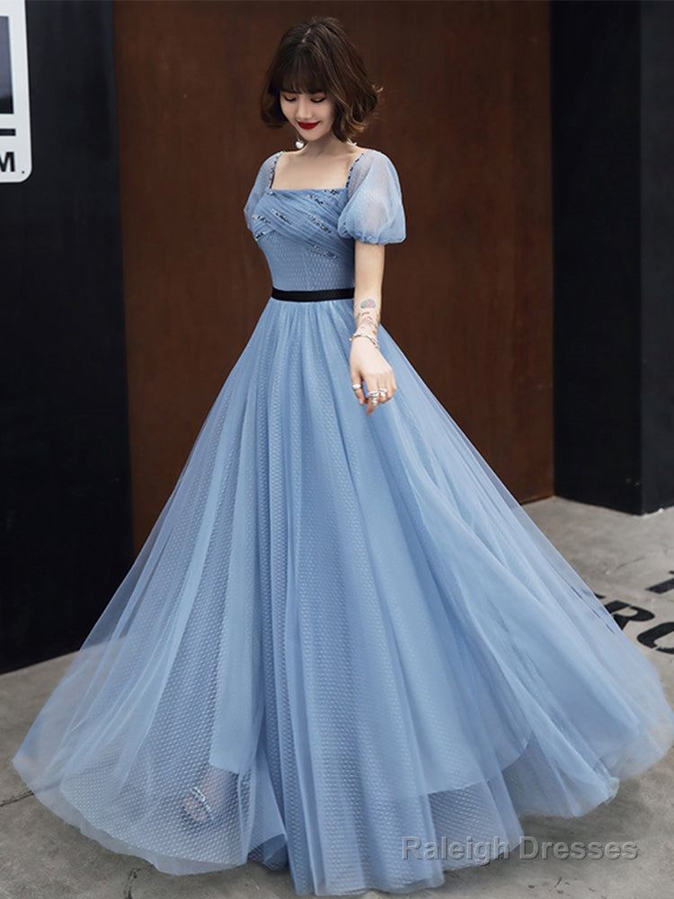 Blue Tulle Short Sleeves Long Prom Dresses A-Line Blue Prom Dresses