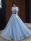 Blue Tulle Short Sleeves Long Prom Dresses A-Line Blue Prom Dresses