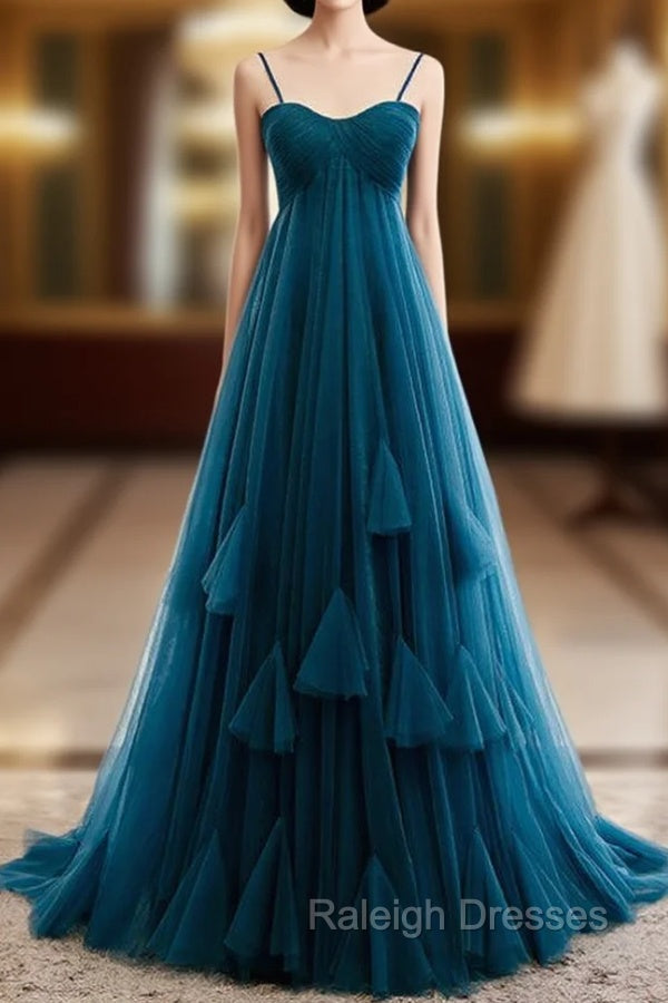 Blue Tulle Spagehtti Straps High Waist Pleats Prom Dress Main image