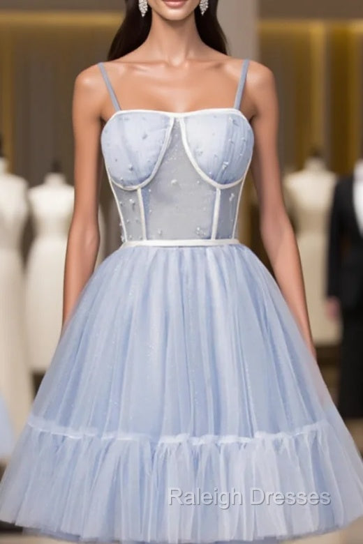 Blue Tulle Spaghetti Pleats Beading Homecoming Dress Main image