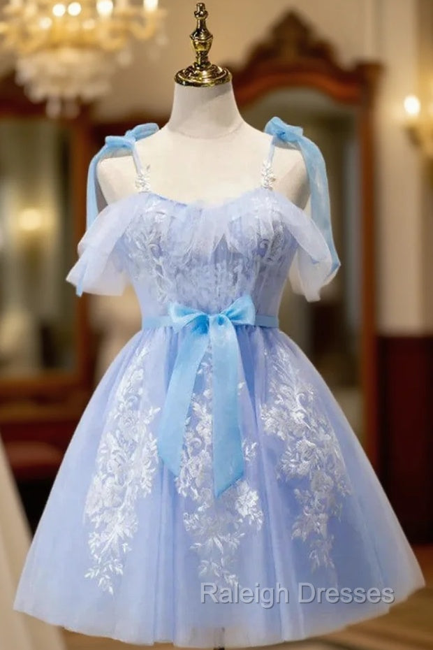 Blue Tulle Spaghetti Straps Appliques Homecoming Dress