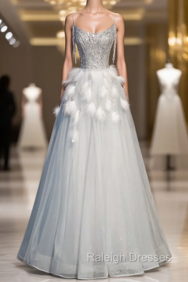 Blue Tulle Spaghetti Straps Beading Feather Prom Dress