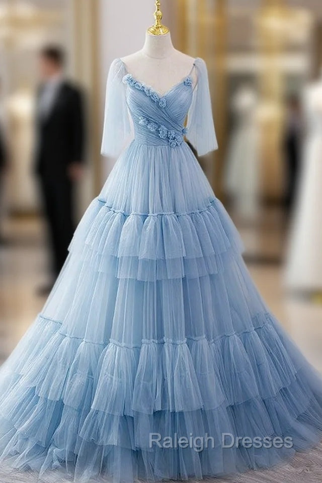 Blue Tulle Spaghetti Straps Pleats Prom Dress Main image