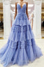 Blue Tulle Spaghetti Straps Tiers Prom Dress