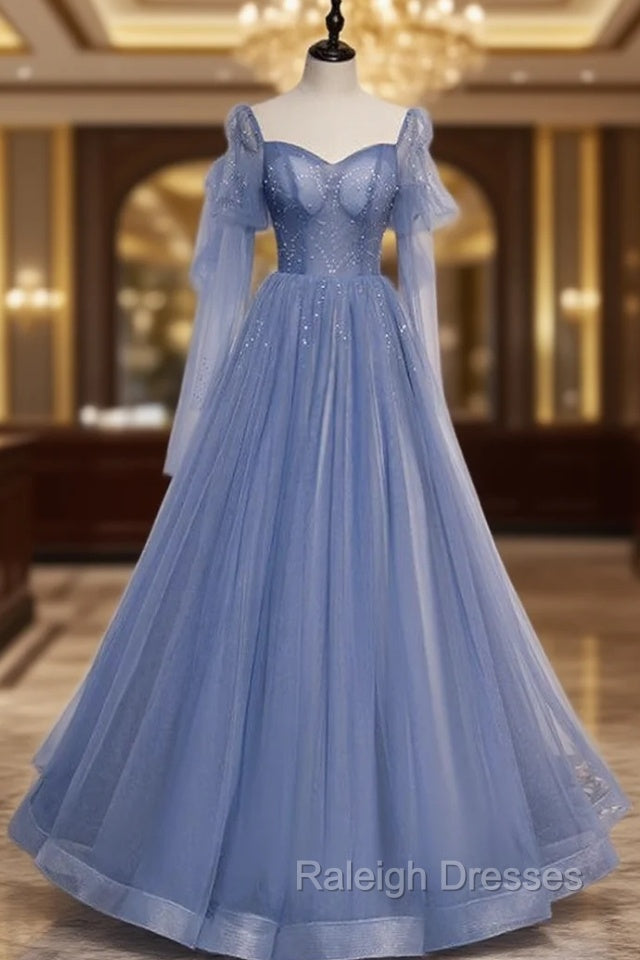 Blue Tulle Square Long Sleeve Beading Prom Dress Main image