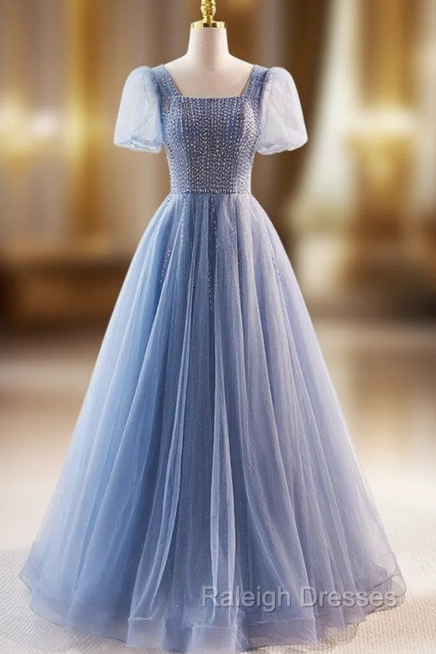 Blue Tulle Square Neck Puff Sleeve Prom Dress Main image