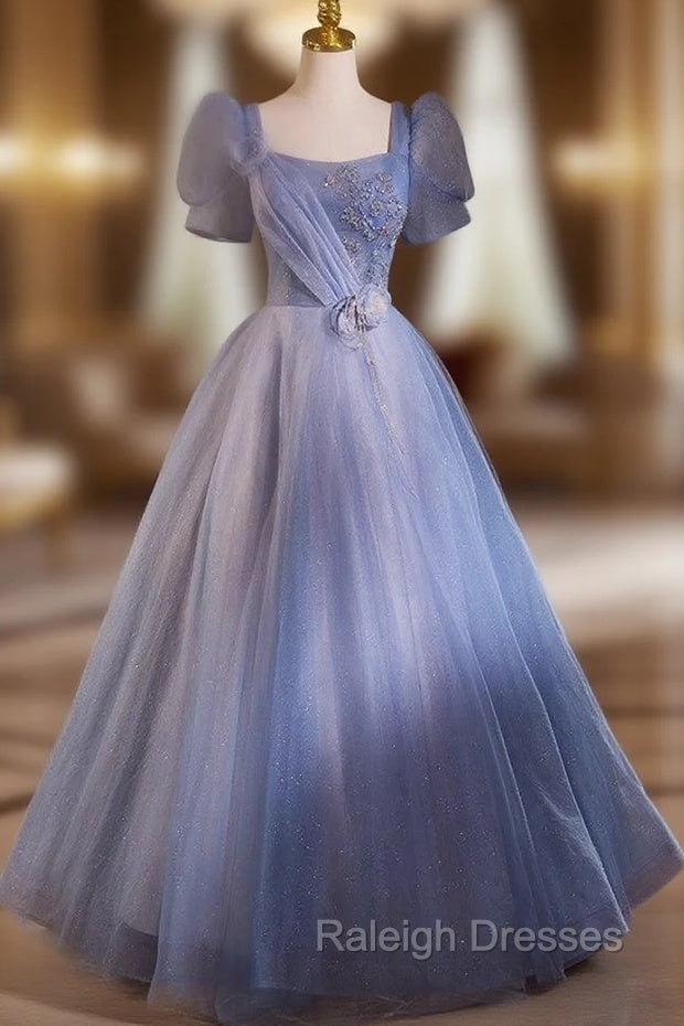 Blue Tulle Square Neck Short Sleeve Beading Flower Prom Dress Main image