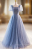 Blue Tulle Square Neck Short Sleeve Beading Prom Dress