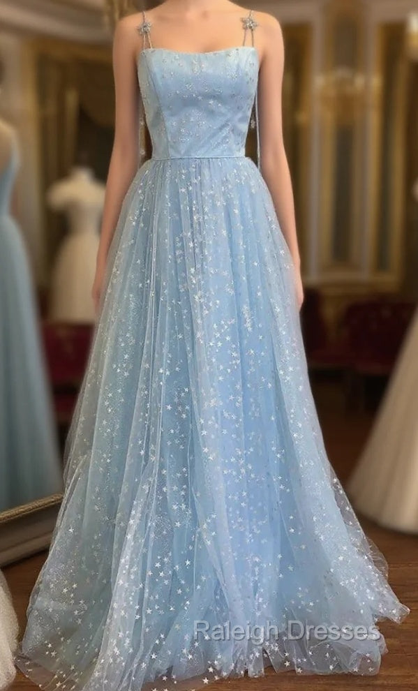Blue Tulle Star Sequins Spaghetti Straps Prom Dress Main image
