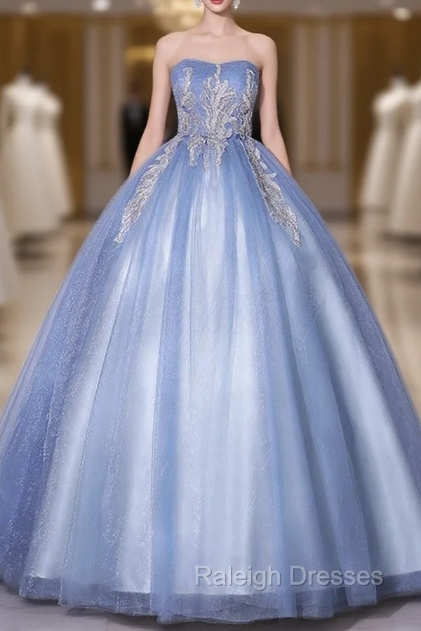 Blue Tulle Strapless Appliques Quinceanera Dress Main image