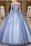 Blue Tulle Strapless Appliques Quinceanera Dress