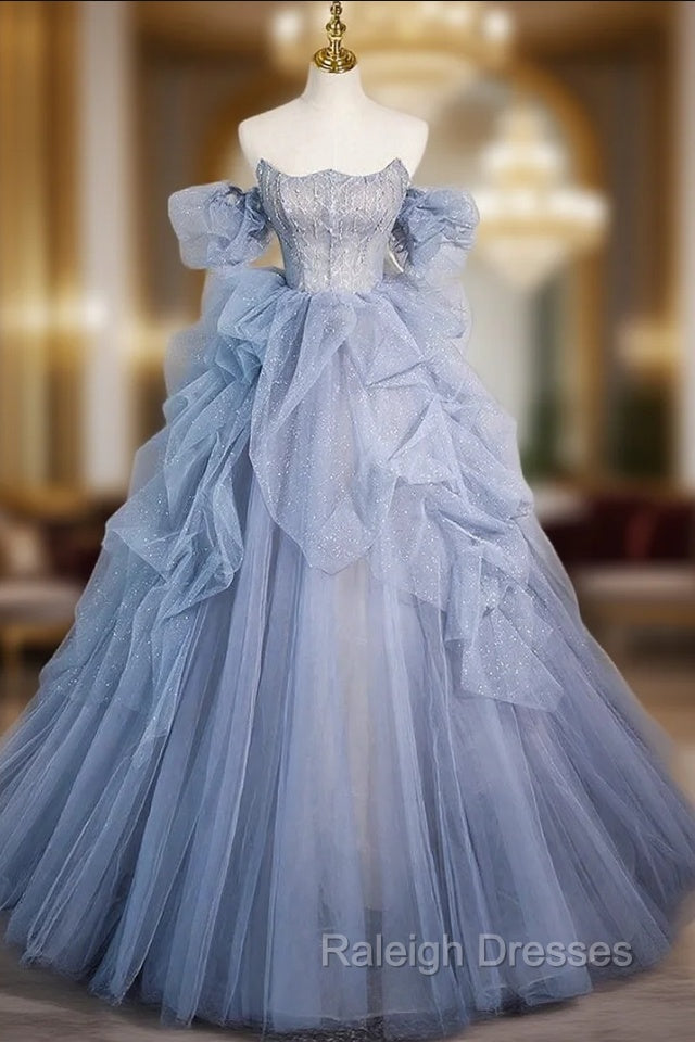 Blue Tulle Strapless Beading Prom Dress