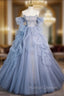 Blue Tulle Strapless Beading Prom Dress