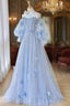 Blue Tulle Strapless Long Sleeve Flower Prom Dress