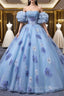 Blue Tulle Strapless Print Quinceanera Dress