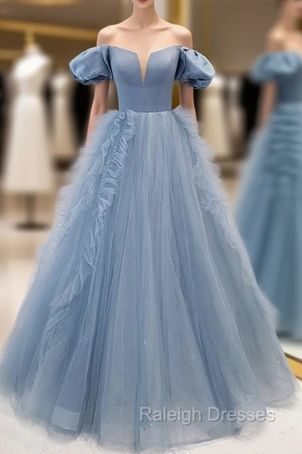 Blue Tulle Strapless Prom Dress With Detachable Sleeve Main image
