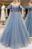 Blue Tulle Strapless Prom Dress With Detachable Sleeve