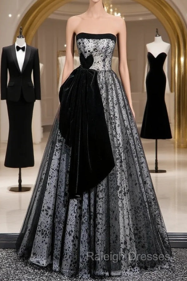 Blue Tulle Strapless Velvet Prom Dress