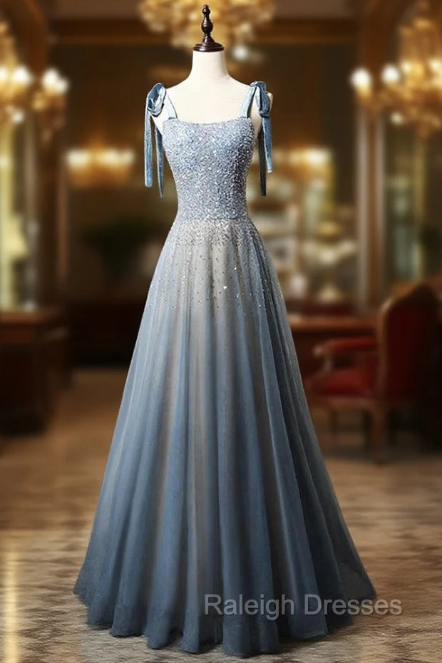 Blue Tulle Straps Beading Prom Dress