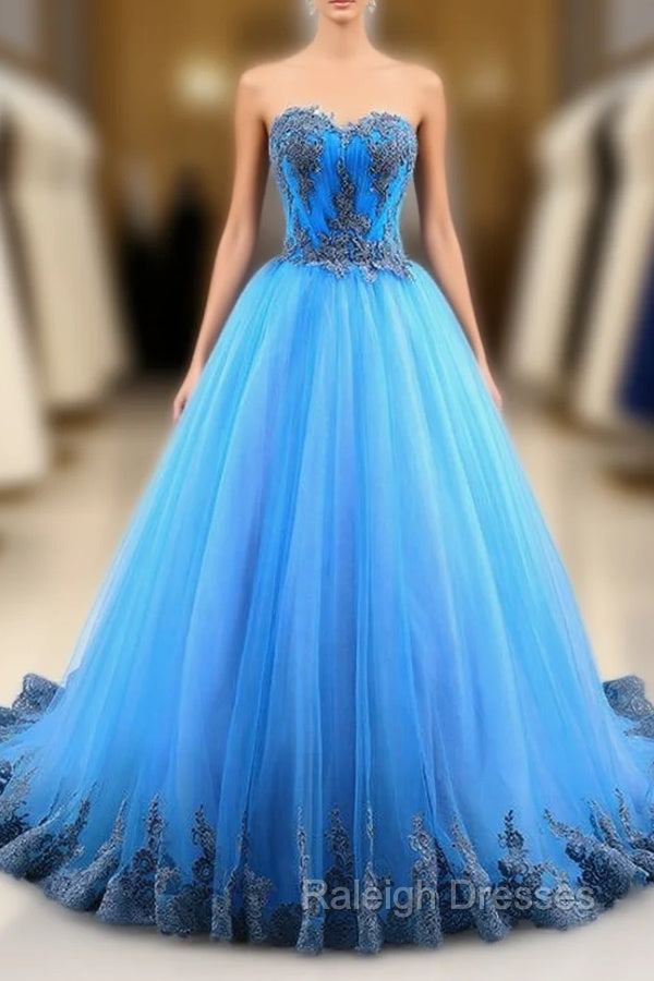 Blue Tulle Sweetheart Backless Appliques Wedding Dress Main image