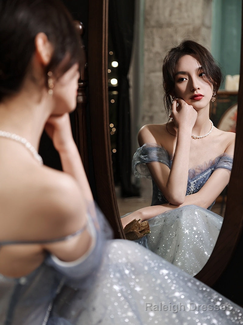 Blue Tulle Sweetheart Beaded Long Formal Evening Dress, A-Line Tulle Party Dresses